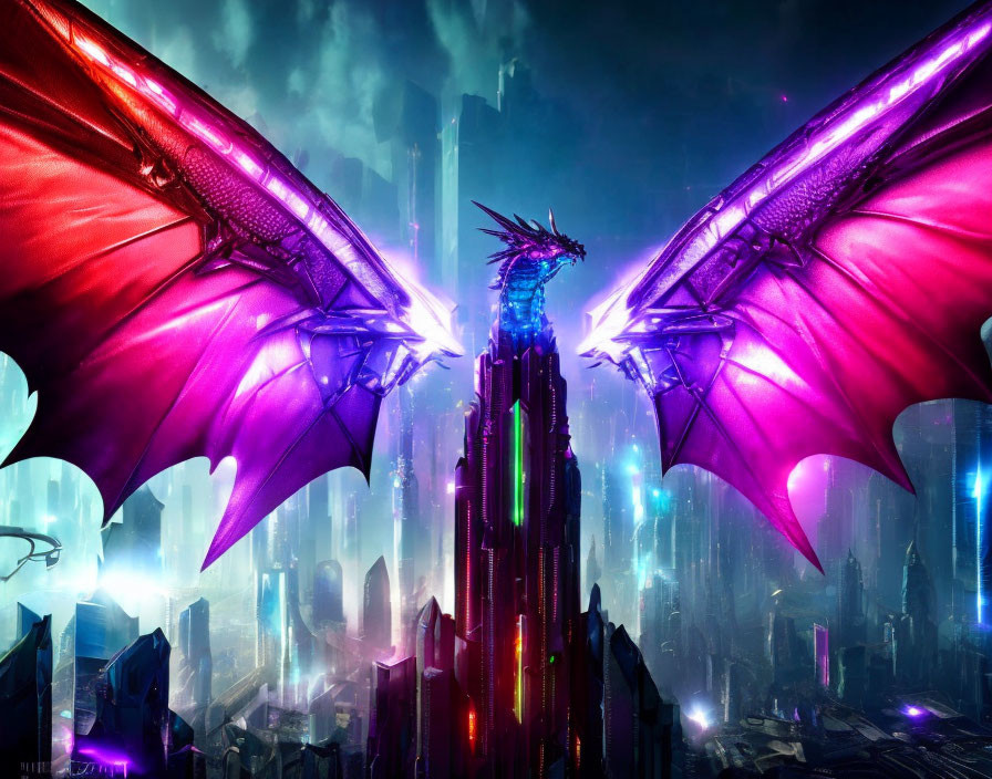 Colorful digital artwork: Dragon with neon pink wings in futuristic cityscape at night