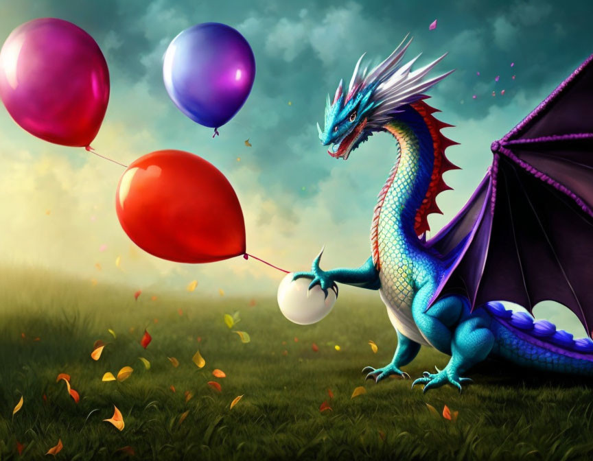 Colorful dragon with blue scales holding red balloon in whimsical field.