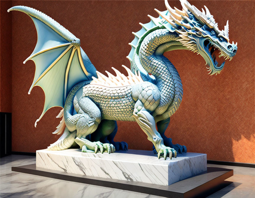 Majestic dragon sculpture with extended wings on marble pedestal in orange room