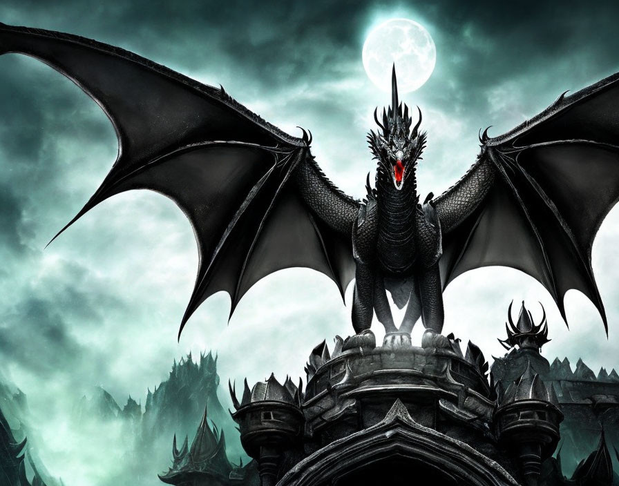 Black Dragon Perched on Stone Structure with Spread Wings in Cloudy Sky