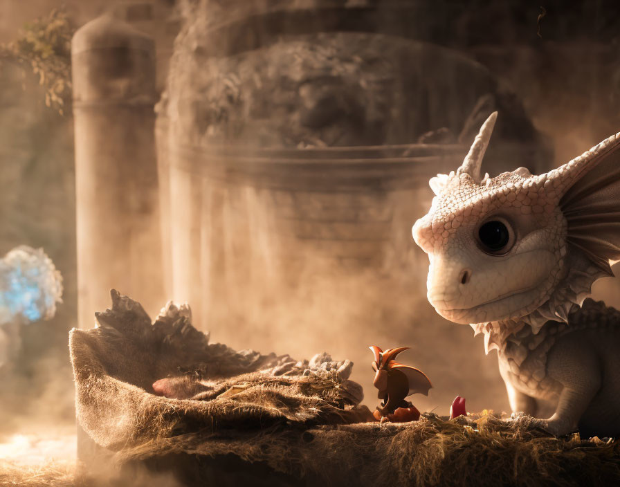 Toy dragon and tiny creature in mystical environment with glowing elements