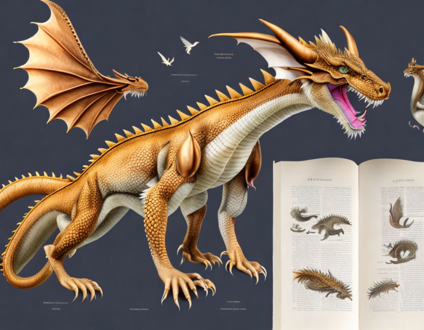 Detailed Dragon Illustration with Spread Wings and Scales Next to Dragon Designs on Book Pages