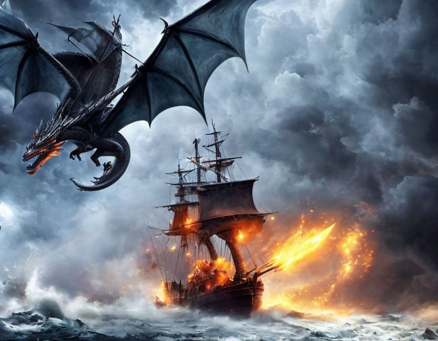 Dragon breathing fire on sailing ship in stormy sea