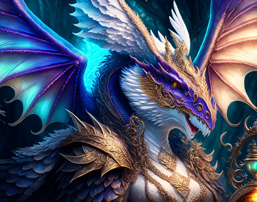 Majestic dragon digital art: blue and white scales, golden armor, vibrant wings