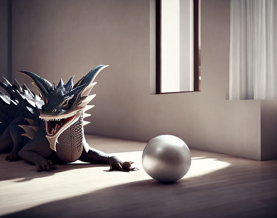 3D-rendered dragon in modern room with sunlight and metallic sphere