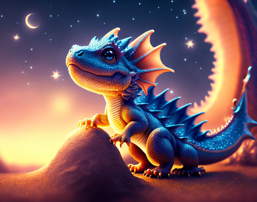 Blue animated dragon on rock under starry night sky with crescent moon