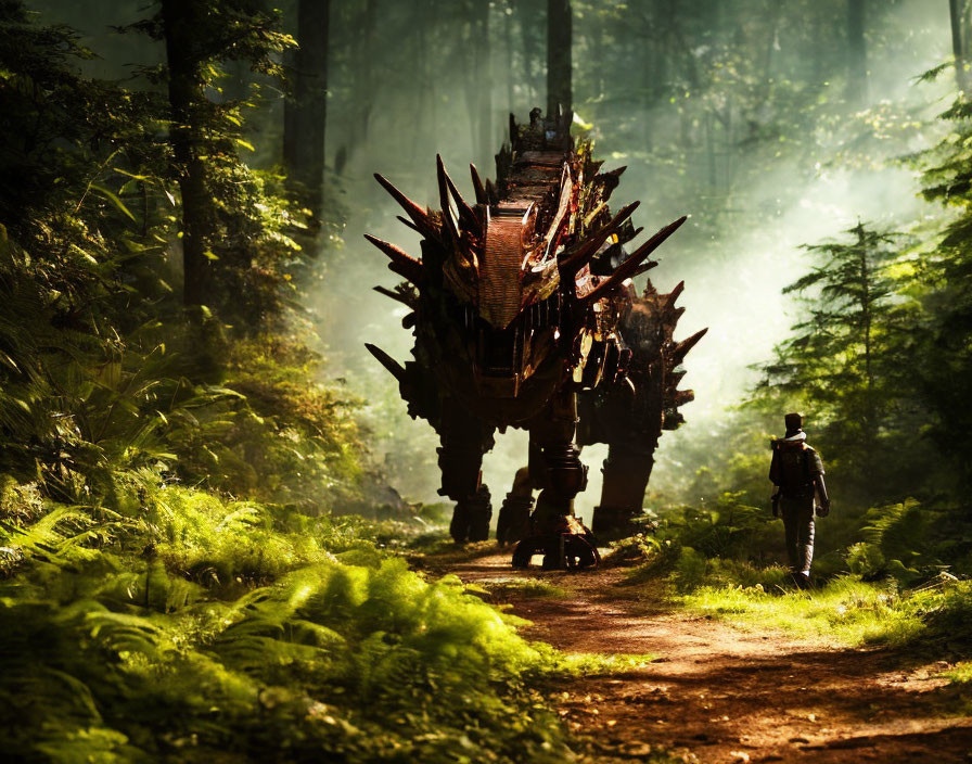 Person walking next to spiky mechanical structure in sunlit forest