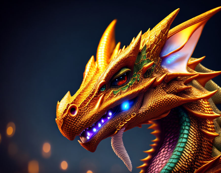 Dragon head with golden scales and green eyes on dark background