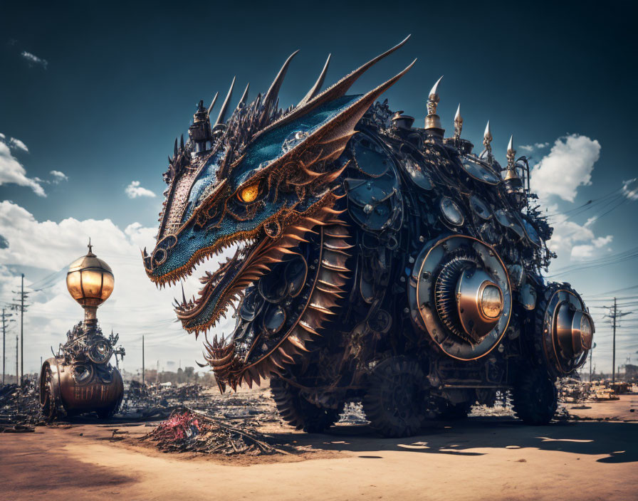 Steampunk dragon sculpture with metalwork and gears in industrial setting