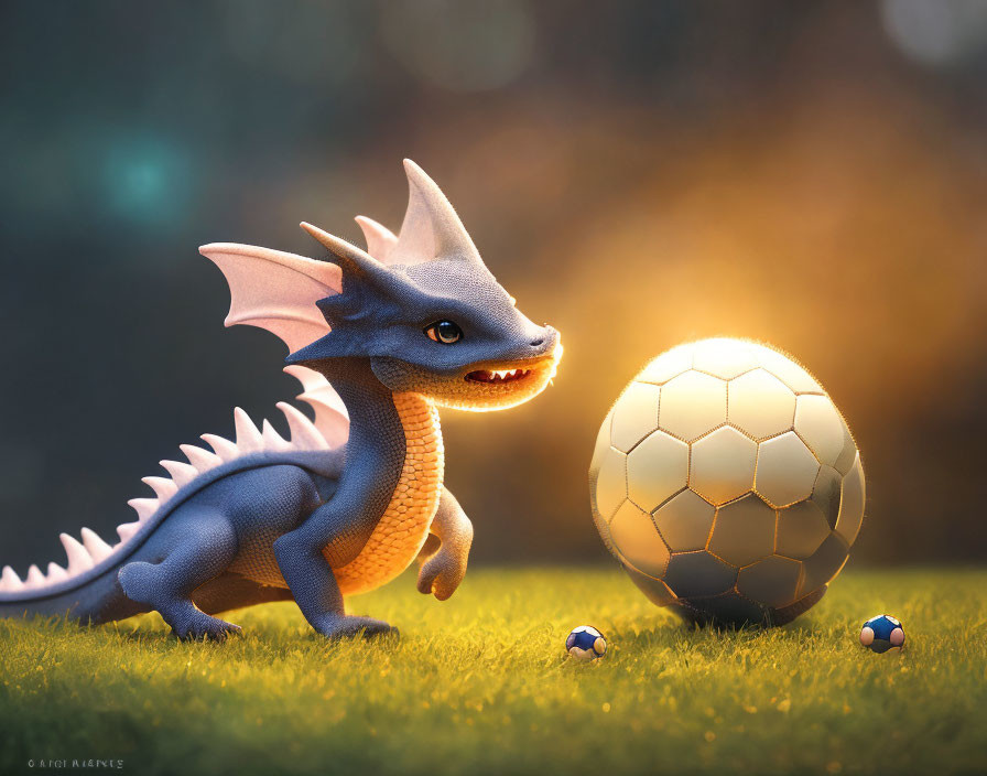 Animated blue dragon with orange underbelly and glowing soccer ball on grassy field