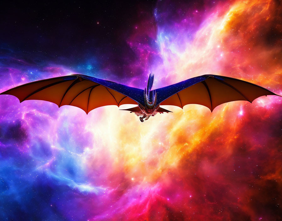 Majestic dragon flying in cosmic nebula background