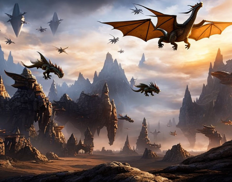 Dragons flying over spiky mountains with futuristic ships in dramatic sky