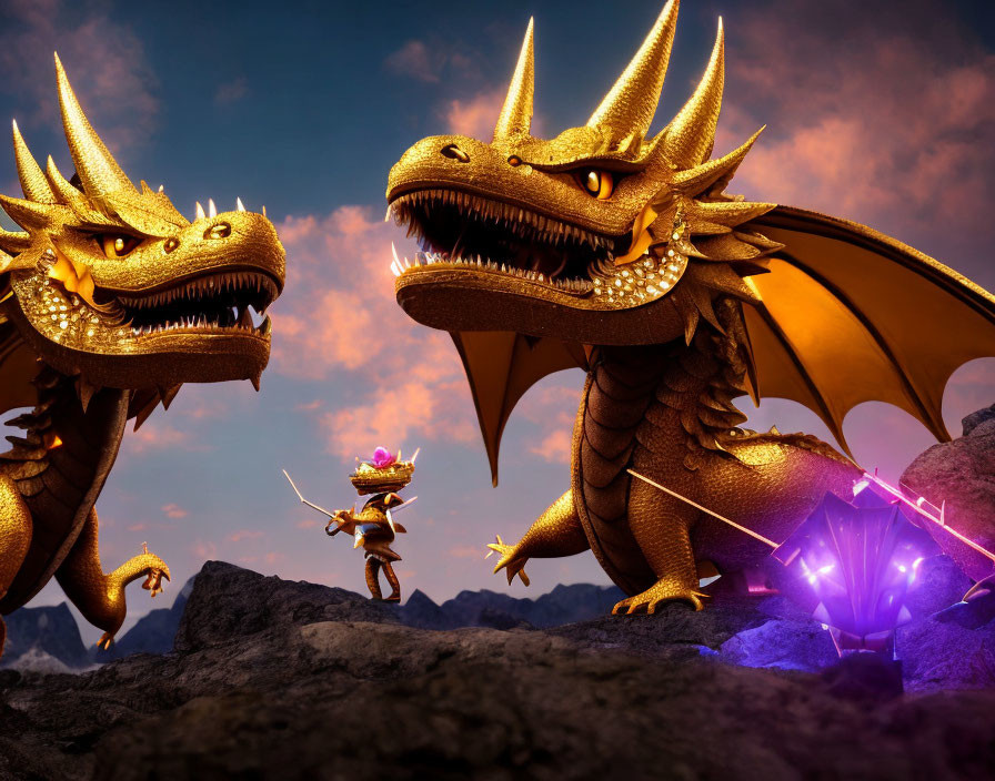 Golden dragons and knight with sword by purple crystal on rocky terrain under dusk sky