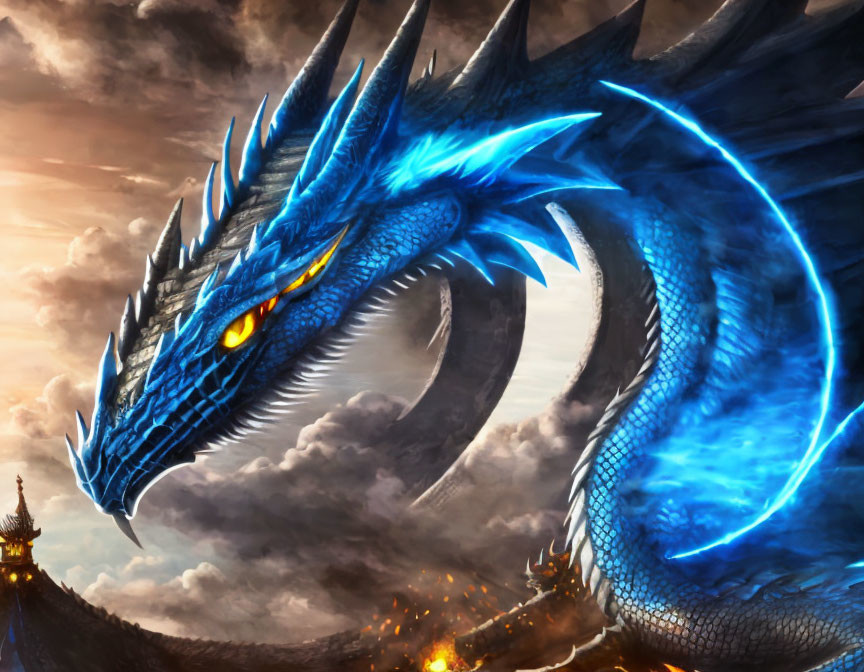 Blue dragon with glowing eyes and scales in sunset sky with castle silhouette