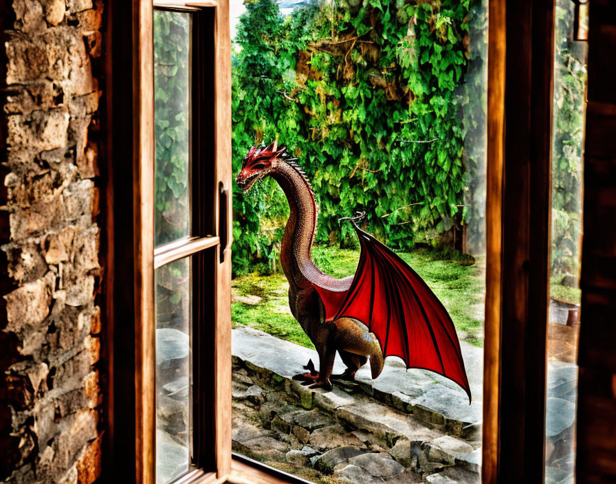 Red dragon outside open window against lush green ivy wall