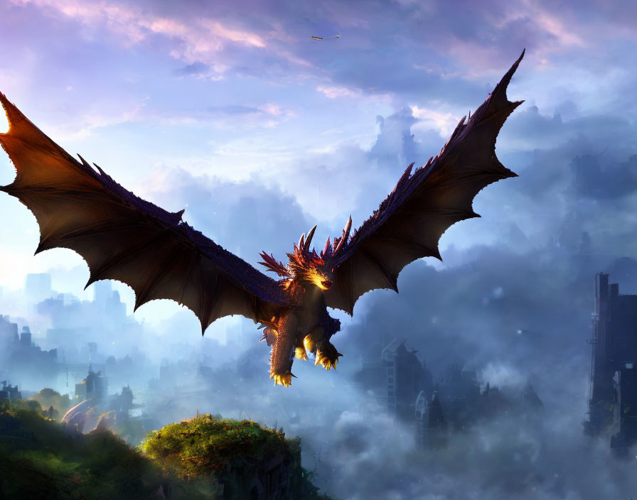 Majestic dragon flying over misty cityscape at sunrise