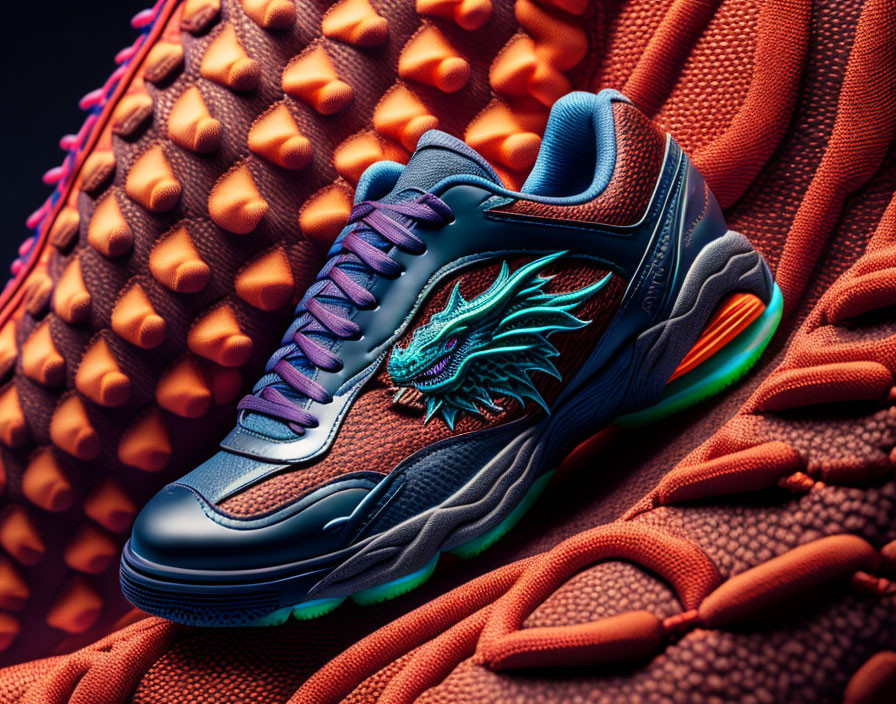 Colorful Dragon Design Sneaker on Orange Spiky Surface with Purple to Teal Laces