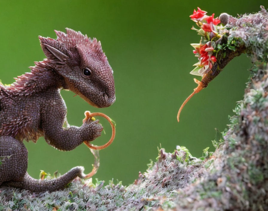 Dragon-like creature with red flowers in mossy environment