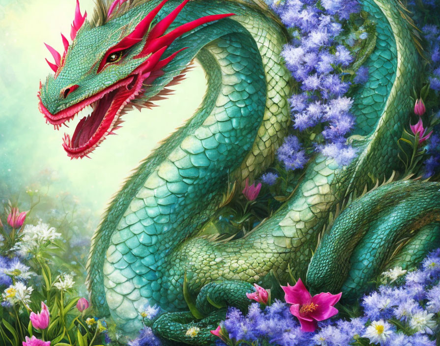 Colorful dragon surrounded by flowers and greenery.