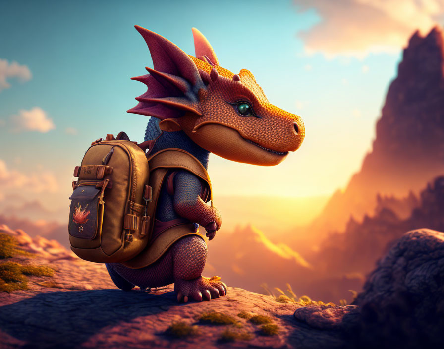 Animated Dragon with Backpack Watching Sunset from Mountain/Peak