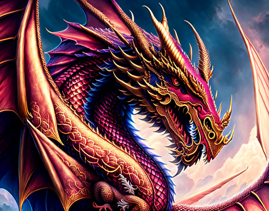 Majestic dragon illustration with iridescent scales and golden horns