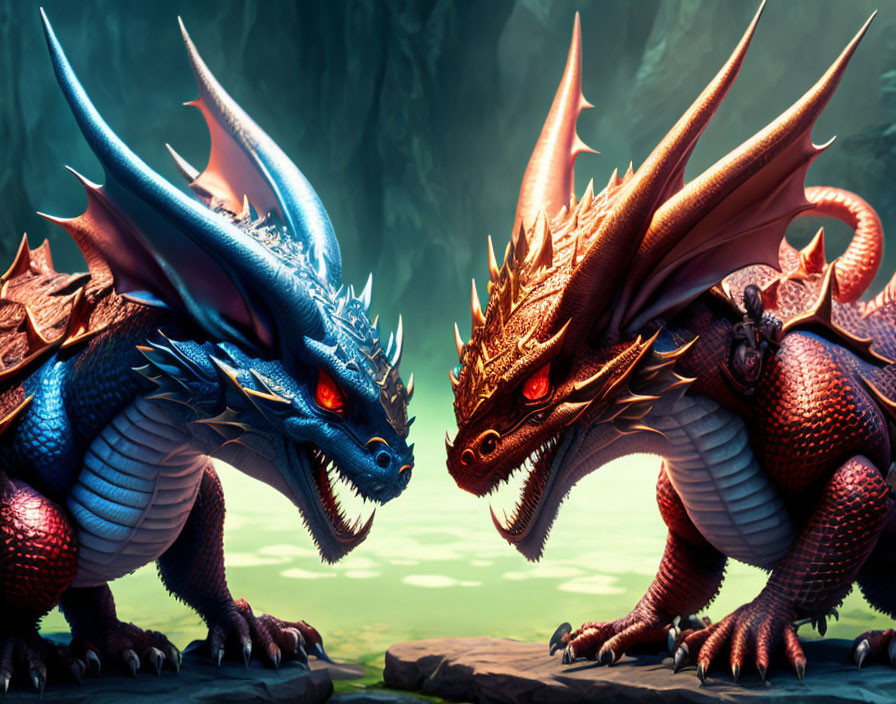 Majestic blue and red dragons in mystical setting