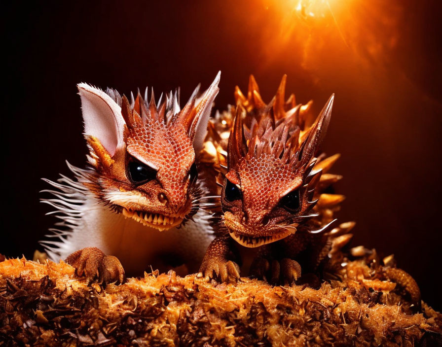 Fantasy dragon hatchlings with spiky scales and horns in warm light