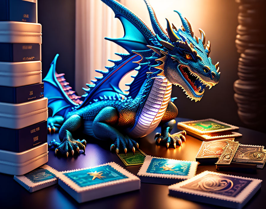 Blue Dragon Figurine Among Stacked Books and Tarot Cards on Desk