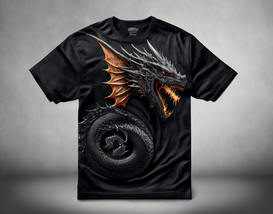 Detailed 3D Dragon Graphic Black T-shirt