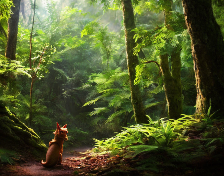 Fox in forest surrounded by green ferns and trees under sunlight