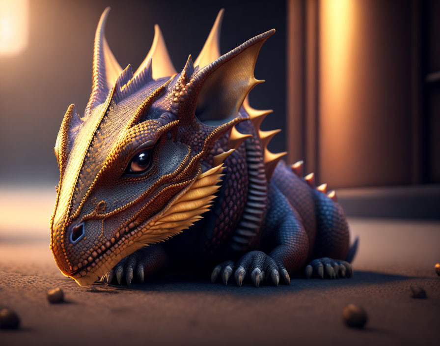 Detailed CGI Golden Dragon Model with Horns and Spikes Crouching on Surface