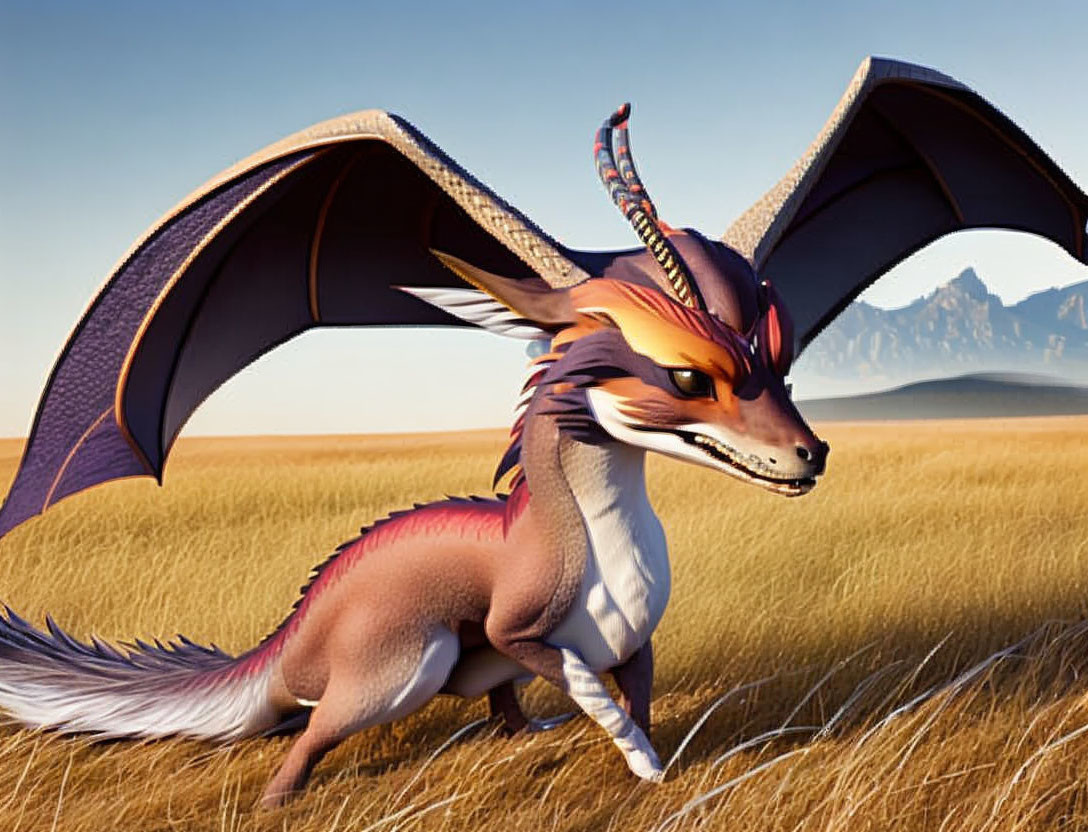 Fantastical dragon creature with wings and horned head in grassy field