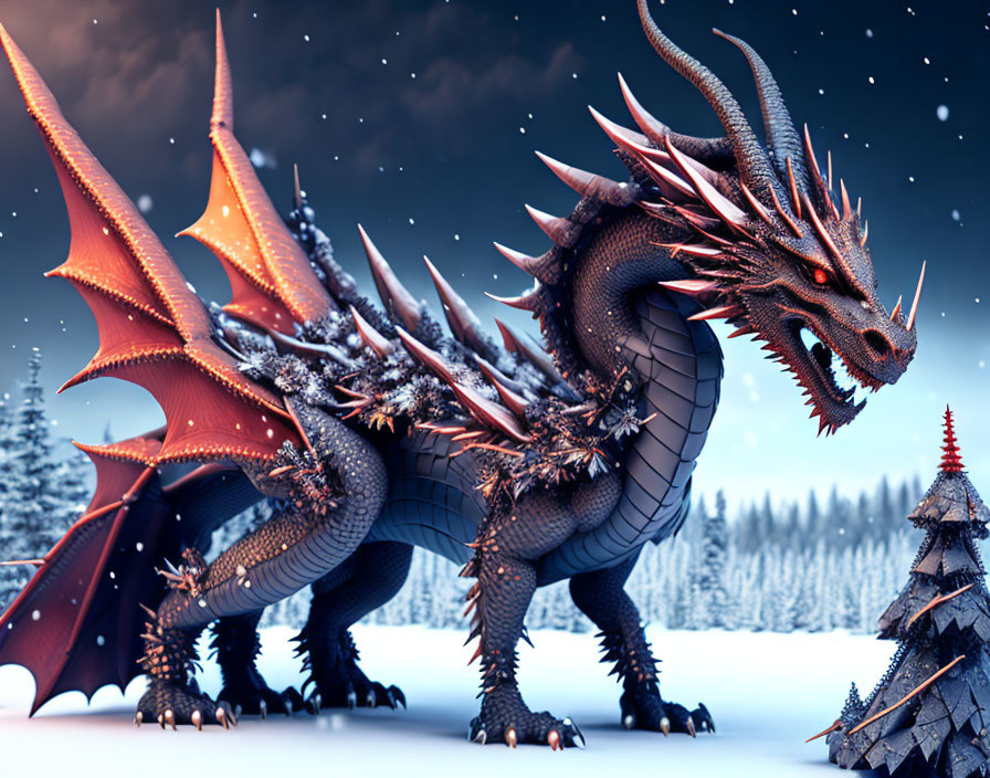 Reddish-Orange Winged Dragon in Snowy Forest at Dusk