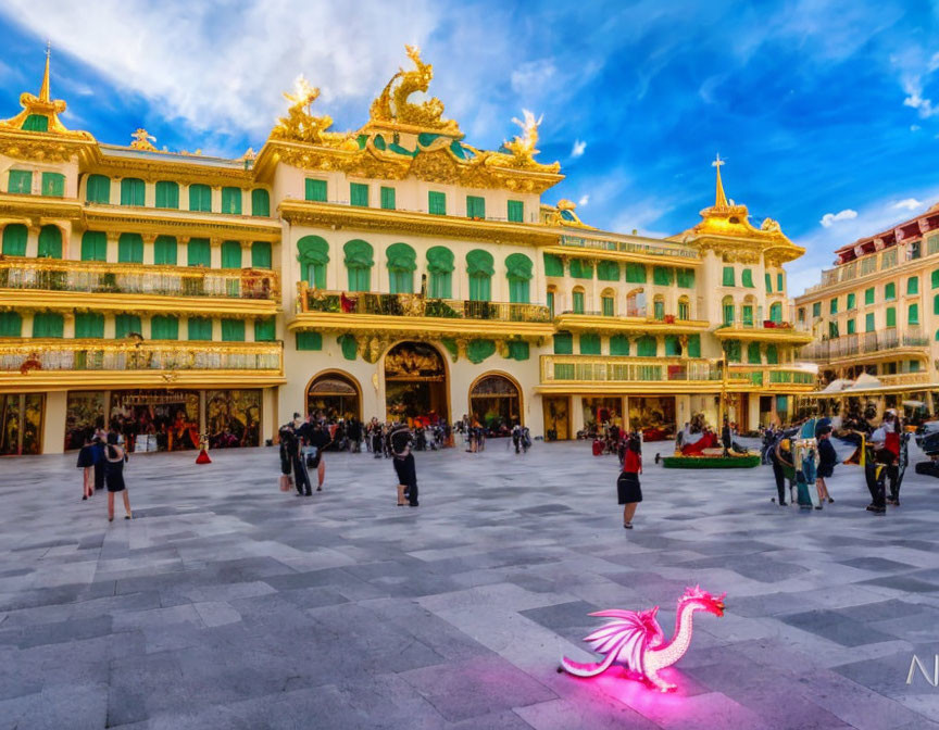 Colorful square with people and golden-trimmed building with ornate facades and pink neon dragon