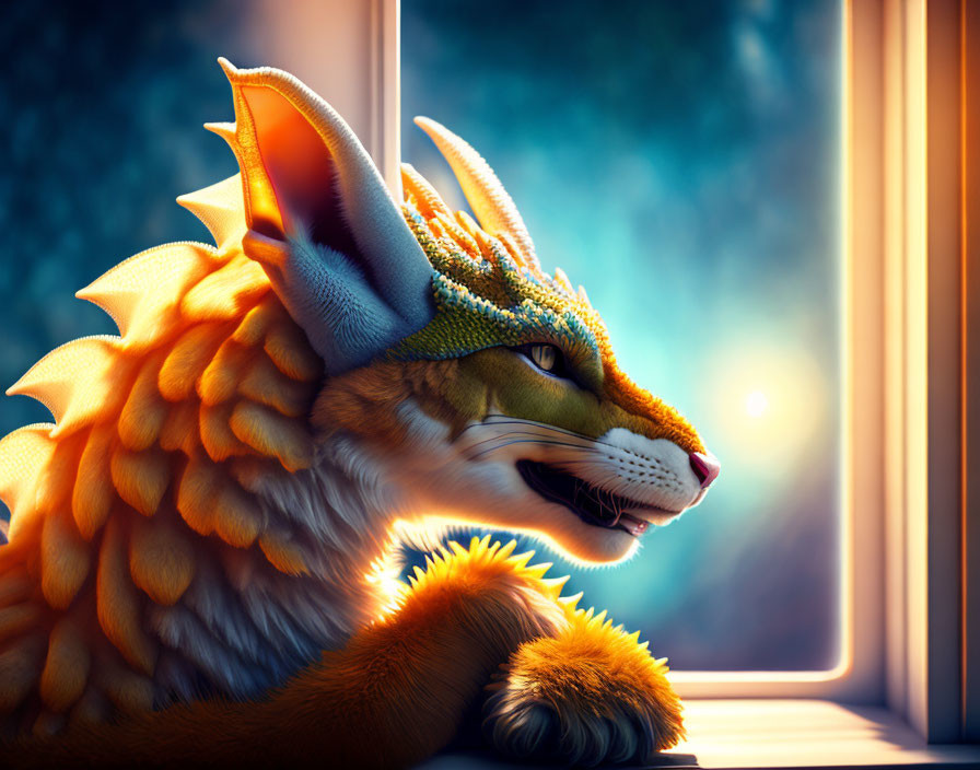 Digital Artwork: Mythical Fox Creature with Ornate Scales and Large Ears in Sunlight