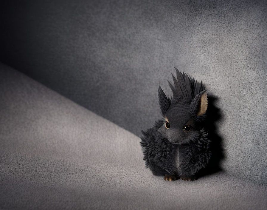 Small black creature with large eyes and pointy ears on textured grey surface