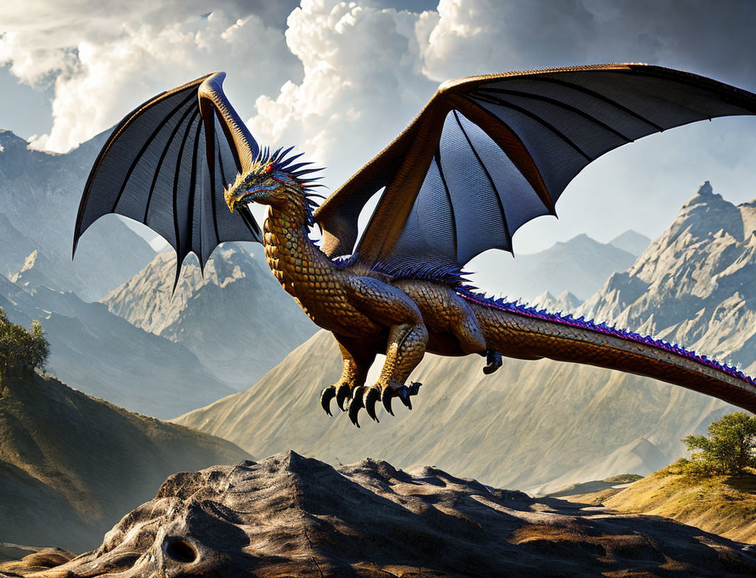 Golden dragon with blue spines and large wings on rocky outcrop with mountain backdrop