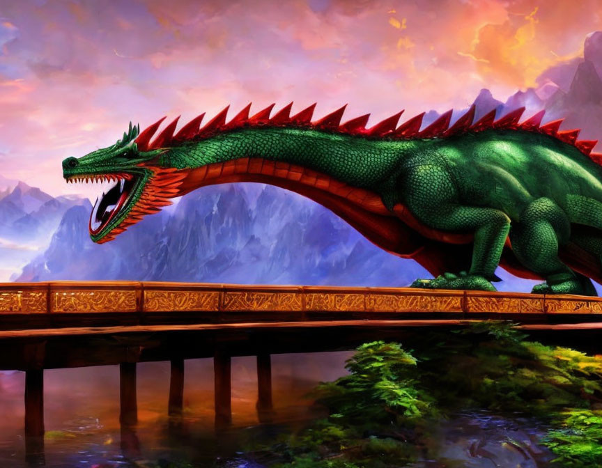 Colorful animated dragon on golden bridge with mountains and pink sky