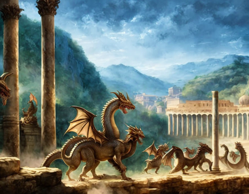 Digital illustration of dragons on ruined temple overlooking ancient city with columns and amphitheater