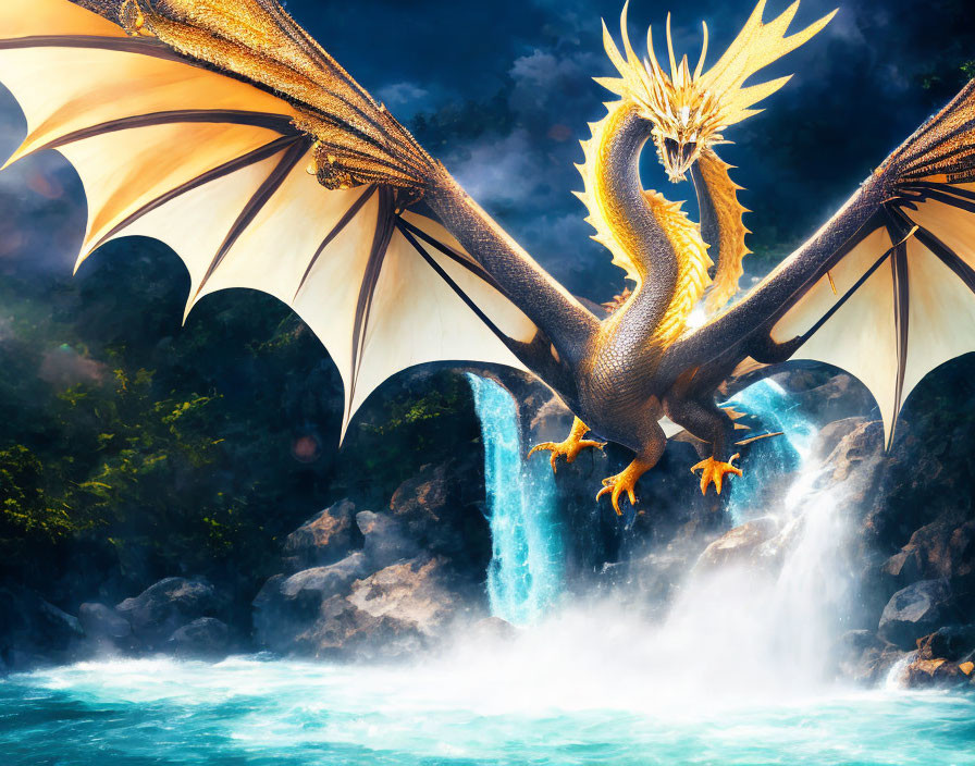 Golden dragon with wings near misty waterfall and greenery