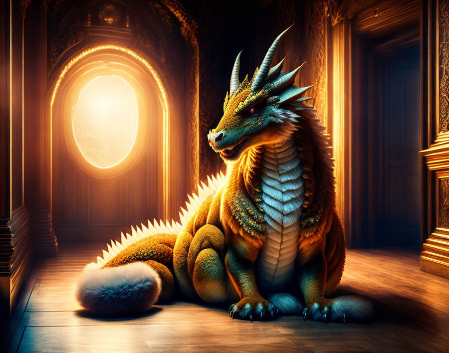 Majestic dragon in ornate hall with glowing eyes and intricate scales