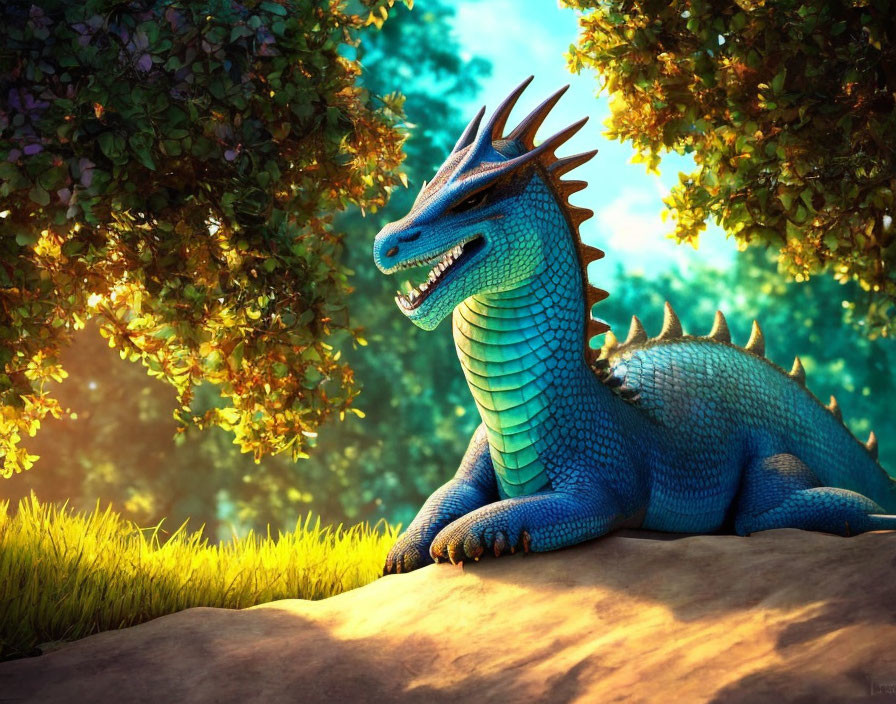 Vibrant blue dragon on rock in lush greenery under soft sunlight