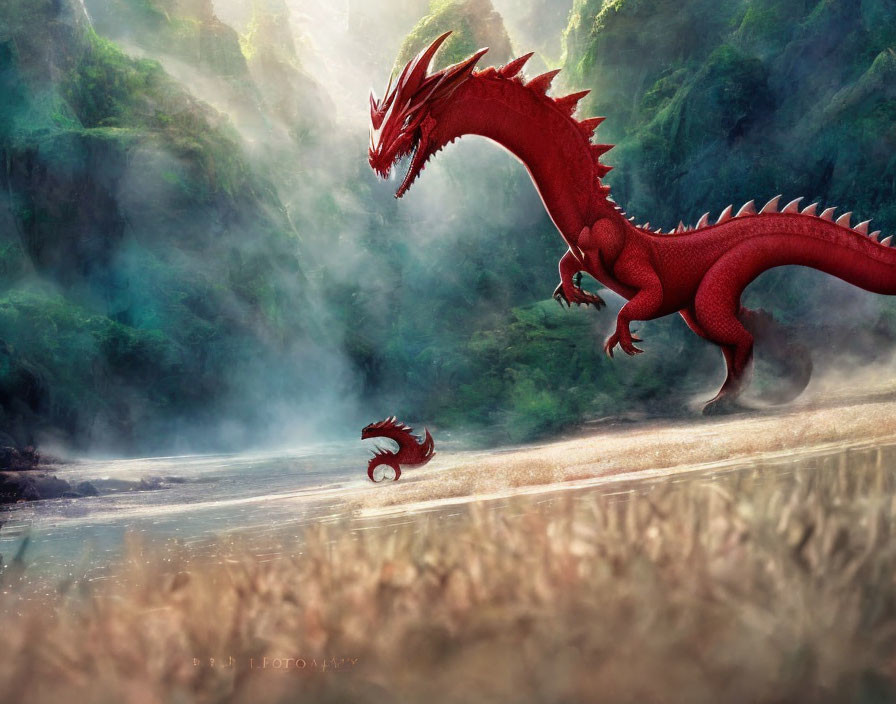 Large Red Dragon in Misty Forested Landscape