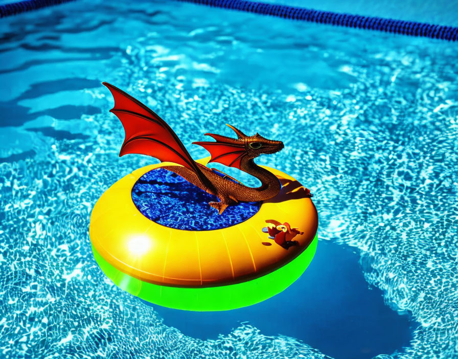 Red-Winged Dragon Figurine on Colorful Inflatable Ring in Blue Pool