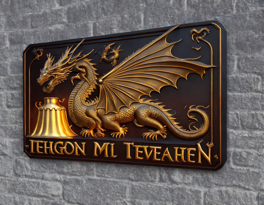 Metallic 3D Plaque with Golden Dragon and Fantasy Inscription on Stone Wall