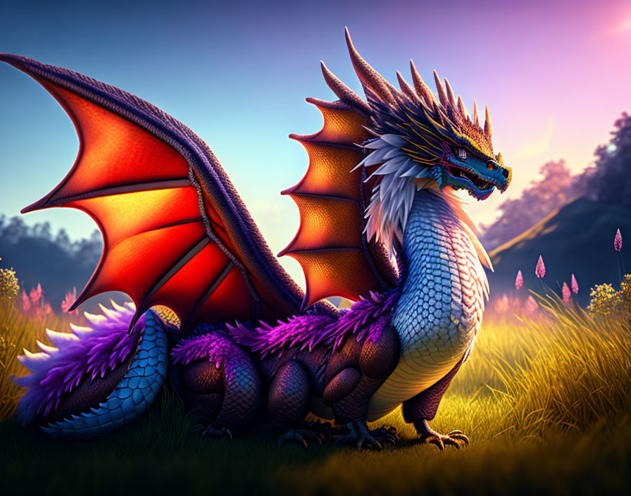 Majestic animated dragon with purple spikes in vibrant meadow at sunrise