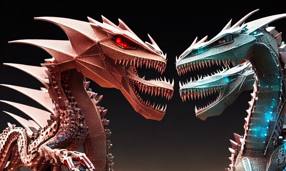 Detailed Mechanical Dragons with Red Eyes Facing Each Other on Dark Background