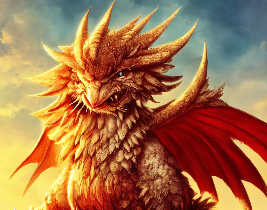 Majestic dragon with fearsome horns and fiery wings in golden sky