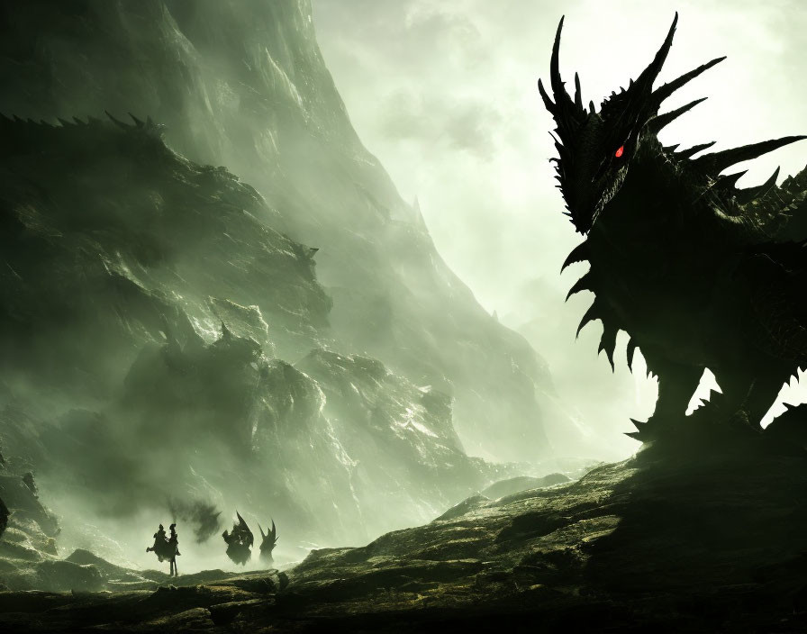 Menacing large creature with glowing red eyes and three small figures in shadowy landscape