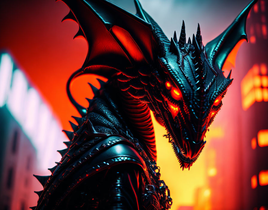 Black Dragon with Sharp Horns Against Fiery Cityscape